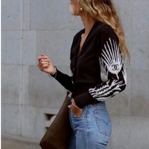 🖤 100% Cashmere Black Cardigan | Graphic Sleeve Detail | Factory Old Stock